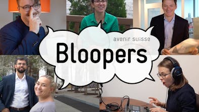 6 Mitarbeiter von Avenir Suisse um Sprechblase, in der «Bloopers» steht