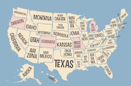 Karte der USA, Staaten mit Namen beschriftet; Oregon, Colorado, Missouri, Michigan und Massachusetts hervorgehoben.