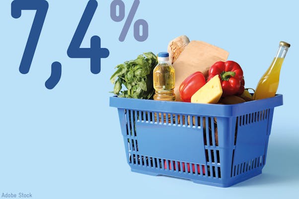 Warenkorb mit Lebensmitteln, dazu die Zahl 7,4%